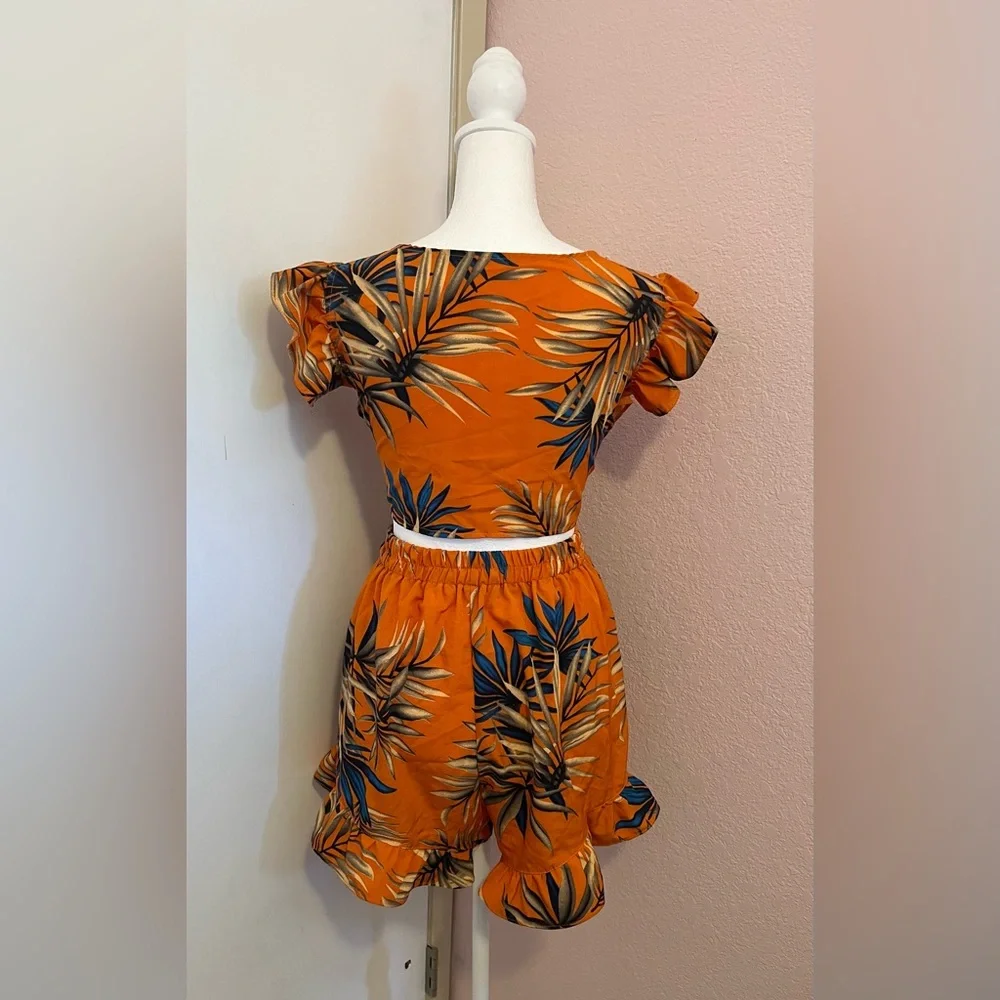 Tropical Print Tie Front Ruffle Trim Top and Shorts Co-ord Set